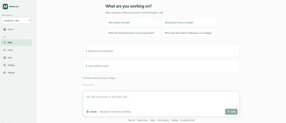 Memcell sales workspace interface.